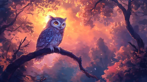 Majestic owl perched on branch at sunset, digital fantasy art.