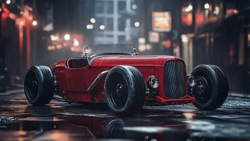 Red custom hot rod parked on wet night city street scene