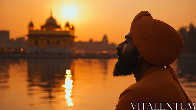 Sikh man in turban at lakeside temple during golden sunset