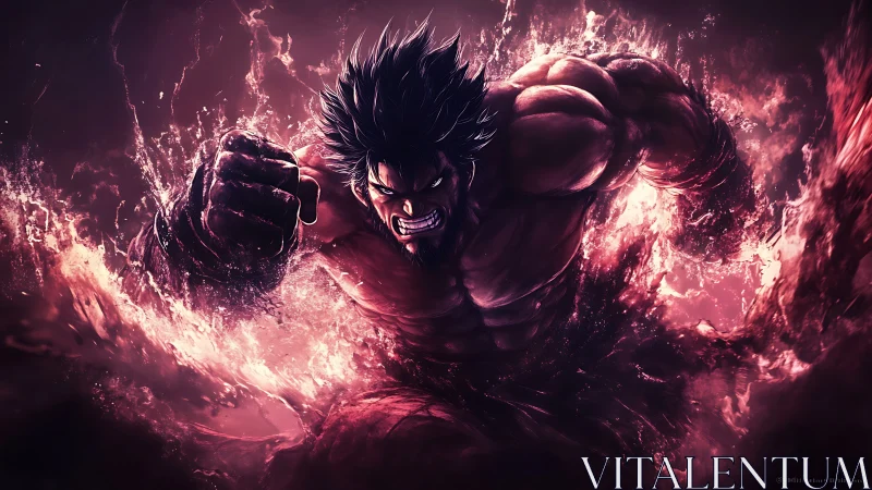 Furious muscular warrior erupts through roaring crimson energy