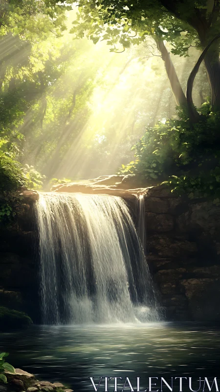 Sunlit forest waterfall curtain in a secret green hollow.