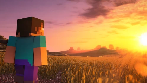 Voxel landscape character observes volumetric sunset lighting