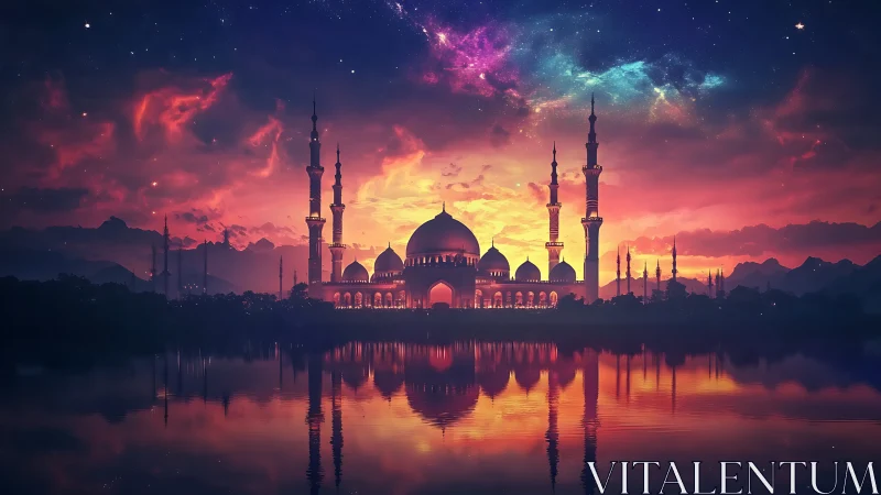 Celestial mosque skyline over sunset lake reflection.