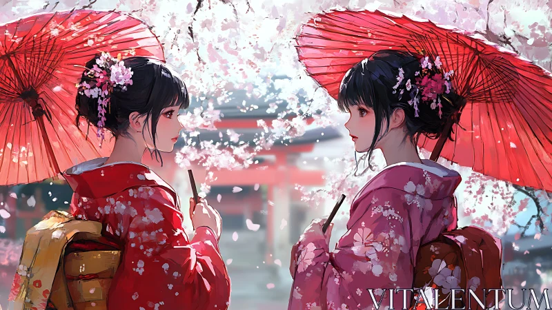 Two women in kimono under red umbrellas with cherry blossoms.
