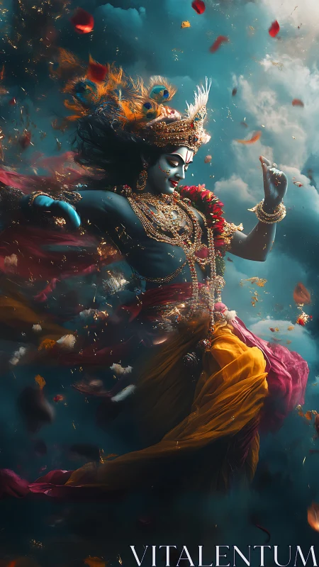 Digital painting of divine dancer amid swirling celestial petals.