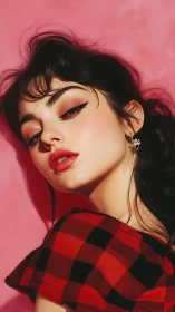 Crimson plaid portrait with dramatic winged eyeliner glow.