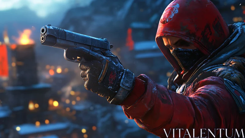 Hooded gunman in red jacket aiming pistol at night city.