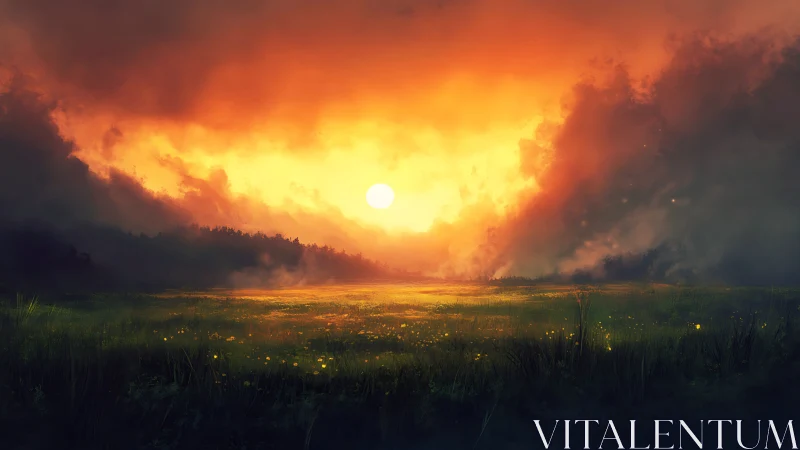 Backlit meadow sunset framed by storm-laden atmospheric clouds