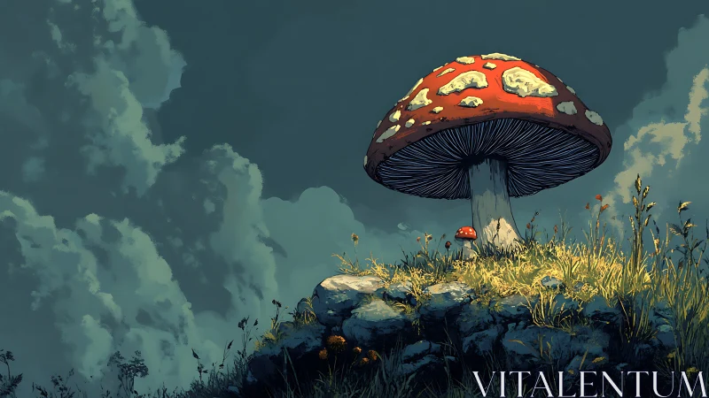 Giant red mushroom on rocky hill under dense clouded sky.