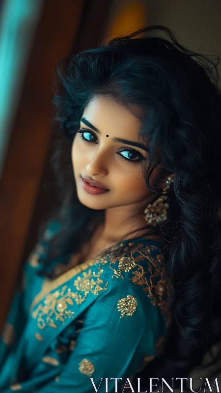 Graceful woman in teal dress with bright, expressive eyes.