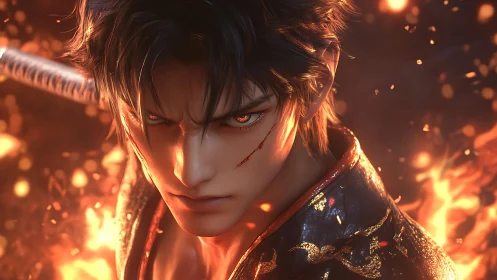 Fiery samurai warrior glares forward amid swirling embers.