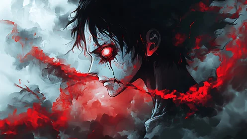 Side-lit anime profile shows glowing eyes and turbulent red mist