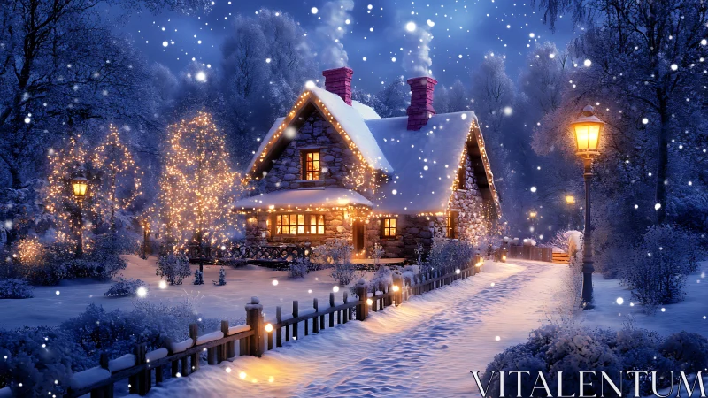 Snow-covered cottage with festive lights at night.