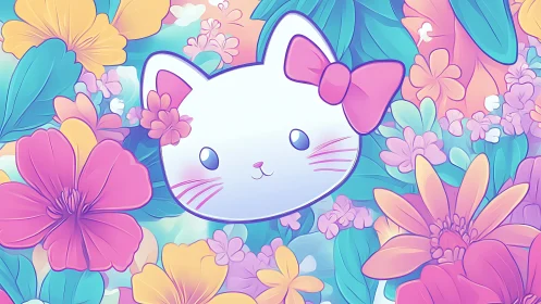 Kawaii cat portrait rests in pastel floral garden bloom.