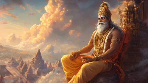 Sunlit sage king above temple clouds and timeless empires.