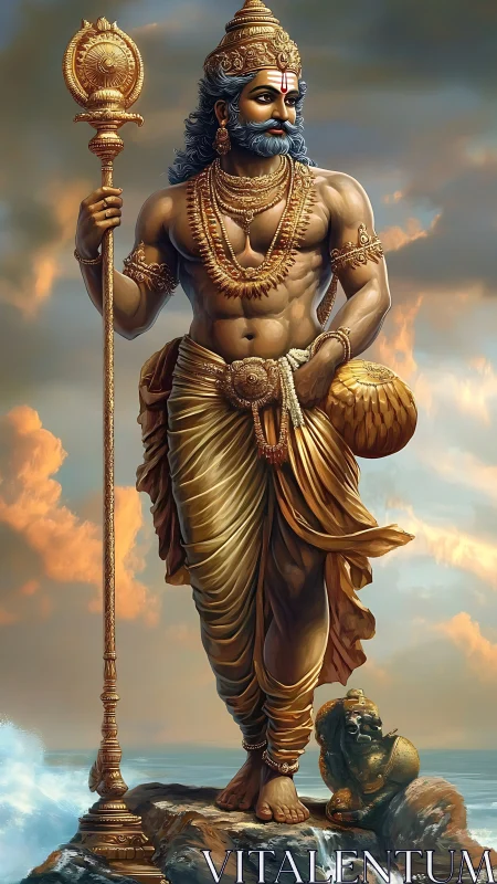 Standing deity with staff on coastal rock in golden attire.