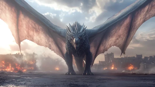 Storm-scaled war dragon strides through a burning kingdom.
