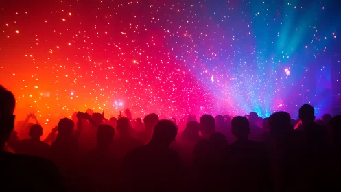 Shimmering party crowd gathers under glowing neon lights