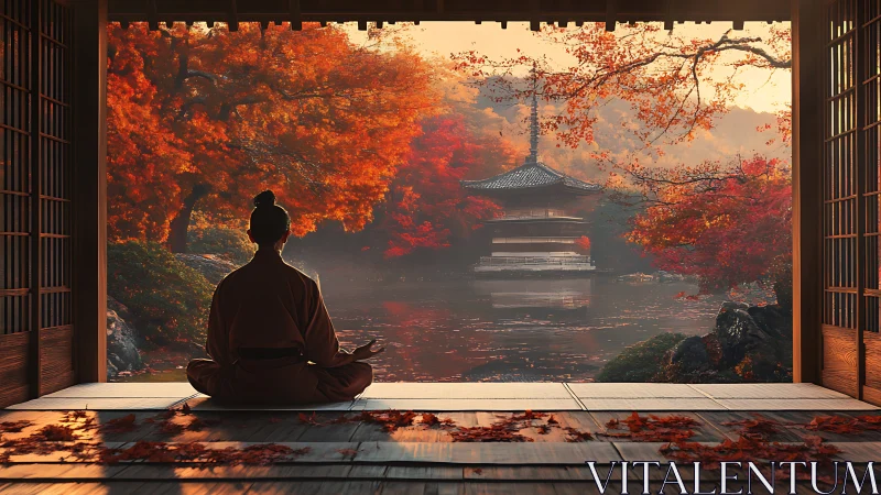 Meditating figure observes autumnal lakeside pagoda in diffuse light