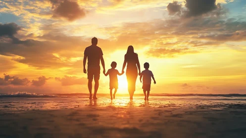 Photorealistic family silhouette at sunset shoreline composition.