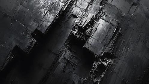 Monolithic black industrial relief with fractured geometric strata