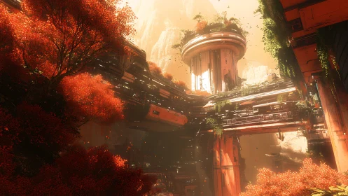 Neo-Asian Dystopian Tower: Overgrown Industrial Architecture in Golden Haze.