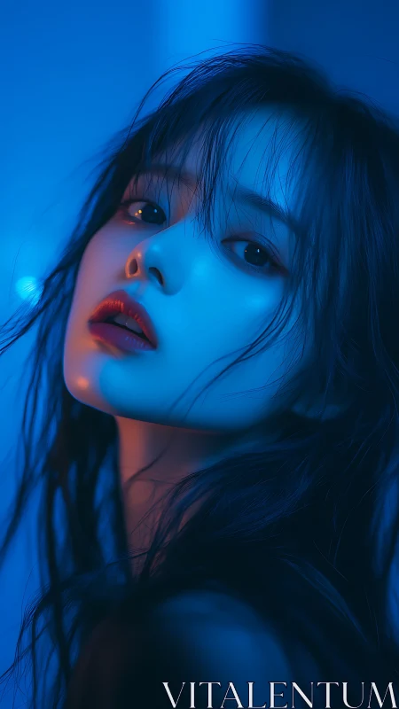 Blue-lit close-up portrait shows stylized female face in profile