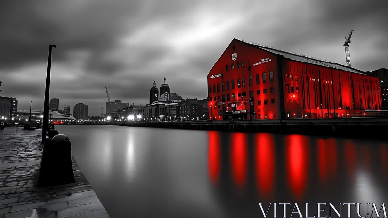 Bold red waterfront warehouse glowing over calm city water.