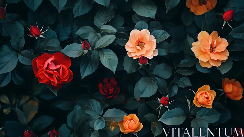 Rose garden composition with layered foliage.