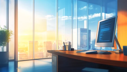 Sunlit skyline office where code hums above the city.