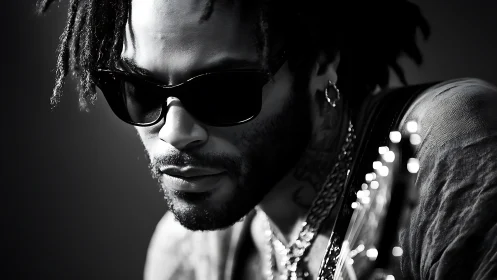 Monochrome portrait of stylish guitarist in dramatic low key