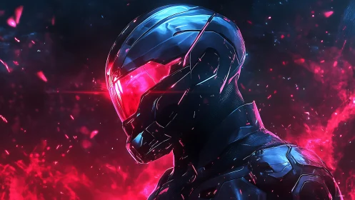Futuristic armored soldier with glowing red visor in neon haze.