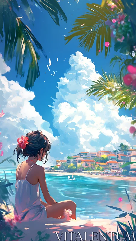 Backlit coastal girl observes tropical bay under towering cumulus