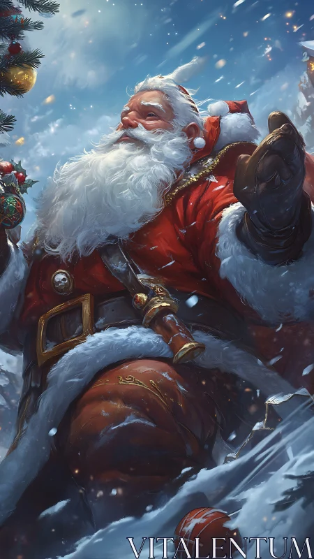 Santa in snowy landscape with tree and ornaments.