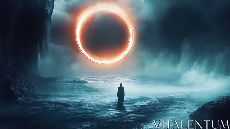 Luminous plasma ring over abyssal shoreline in volumetric fog.