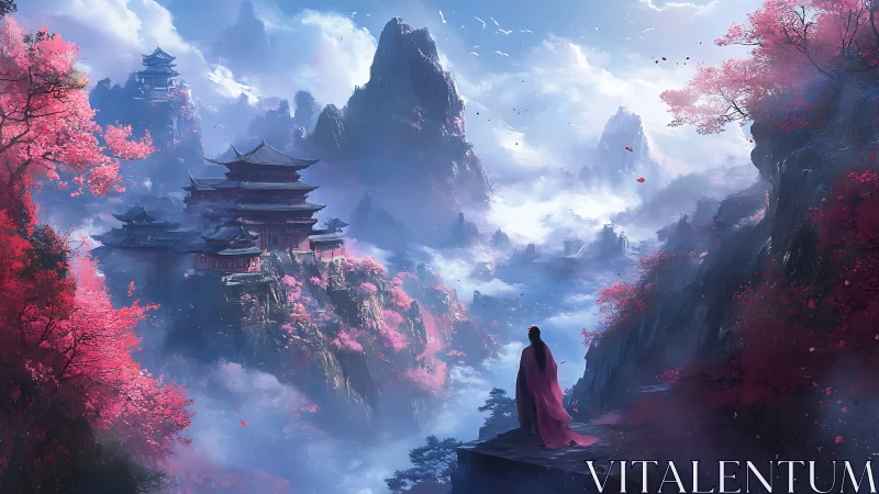 Solitary figure overlooking misty temples and peaks.