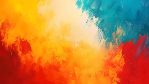 Vivid Abstract Painting with Bold Red, Yellow, and Blue Brushstrokes.