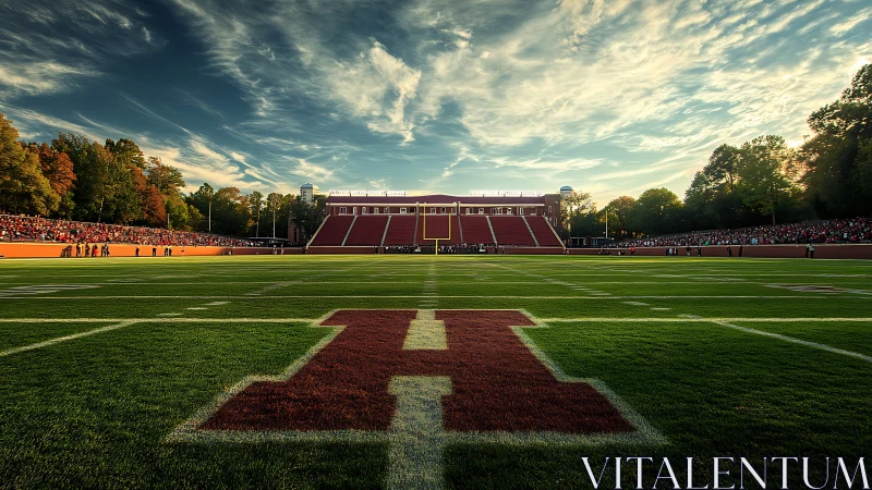 College football stadium field under late afternoon sky.