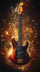 Electric bass guitar engulfed in swirling golden sparks.