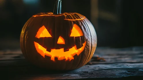 Illuminated carved pumpkin jack o lantern on wooden surface.