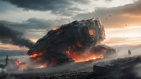 Colossal crashed mech smolders against cinematic dusk sky