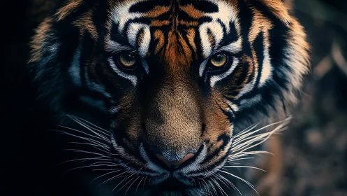 Gentle tiger gaze glowing softly in rich jungle shadows.