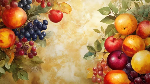 Vibrant autumn fruit clusters against textured gold ground.