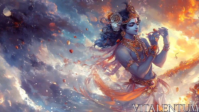 Celestial blue deity in jeweled regalia amid radiant nebula