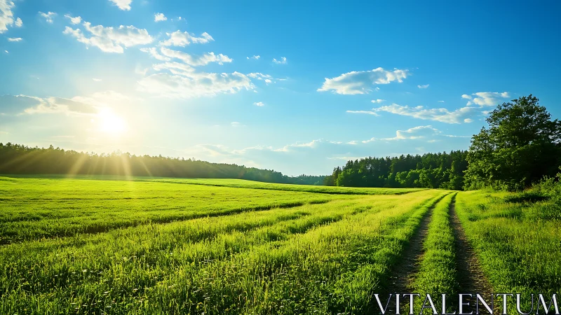 Sunlit country trail unravels through glowing emerald fields.