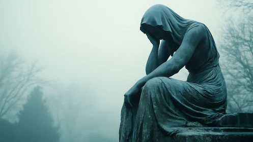 Veiled mourning statue in cold blue foggy graveyard