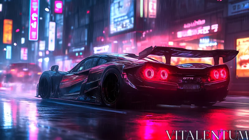 Low-angle view of modified sports car in neon city street.