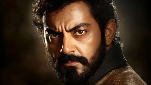 Intense bearded man stares forward under dramatic warm light