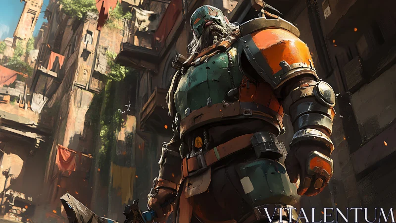 Armored wasteland warrior in sunlit dystopian alley.