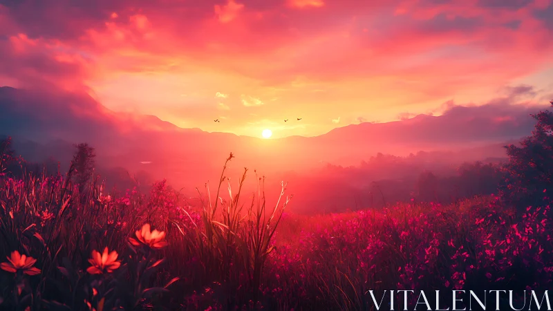 Hyperreal dusk meadow panorama with saturated magenta haze